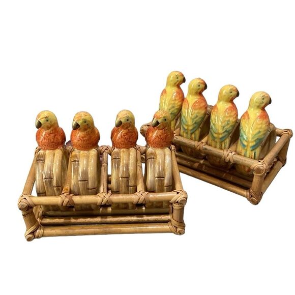 Vintage Set of Eight Ceramic Parrot Napkin Rings in Two Faux Bamboo Holders - Picture 2 of 16